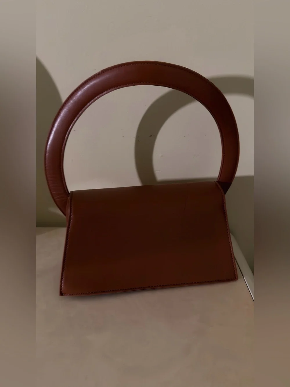 Women's Tan Circular Handle Leather Handbag